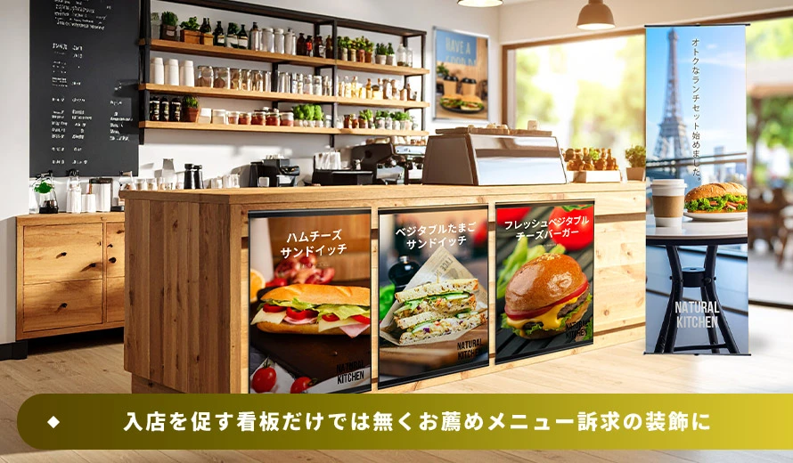 入店を促す看板だけでは無くお薦めメニュー訴求の装飾に