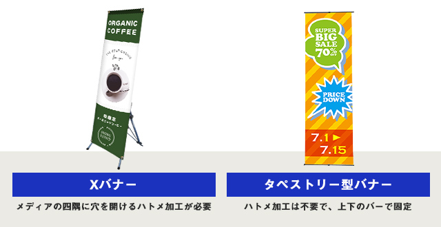 Xバナースタンドとタペストリー型バナースタンドの違い